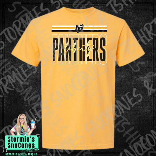 Liberty Panthers Layered Outline Cursive Gold Gildan Comfort Colors Bella Canvas Shirt