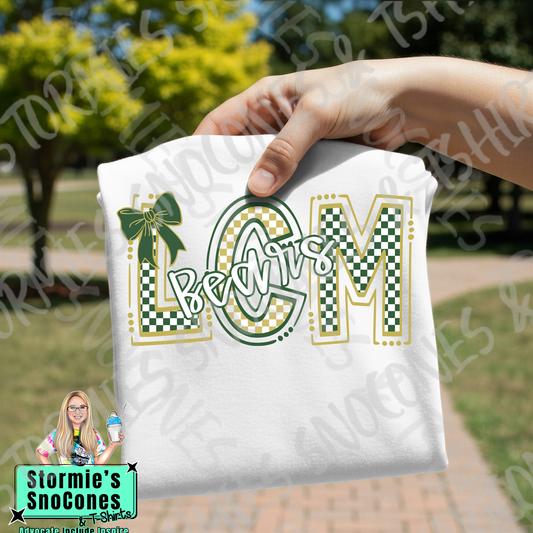 Little Cypress-Mauriceville Bears Checkered Doodle Initials White Gildan Comfort Colors Bella Canvas Shirt