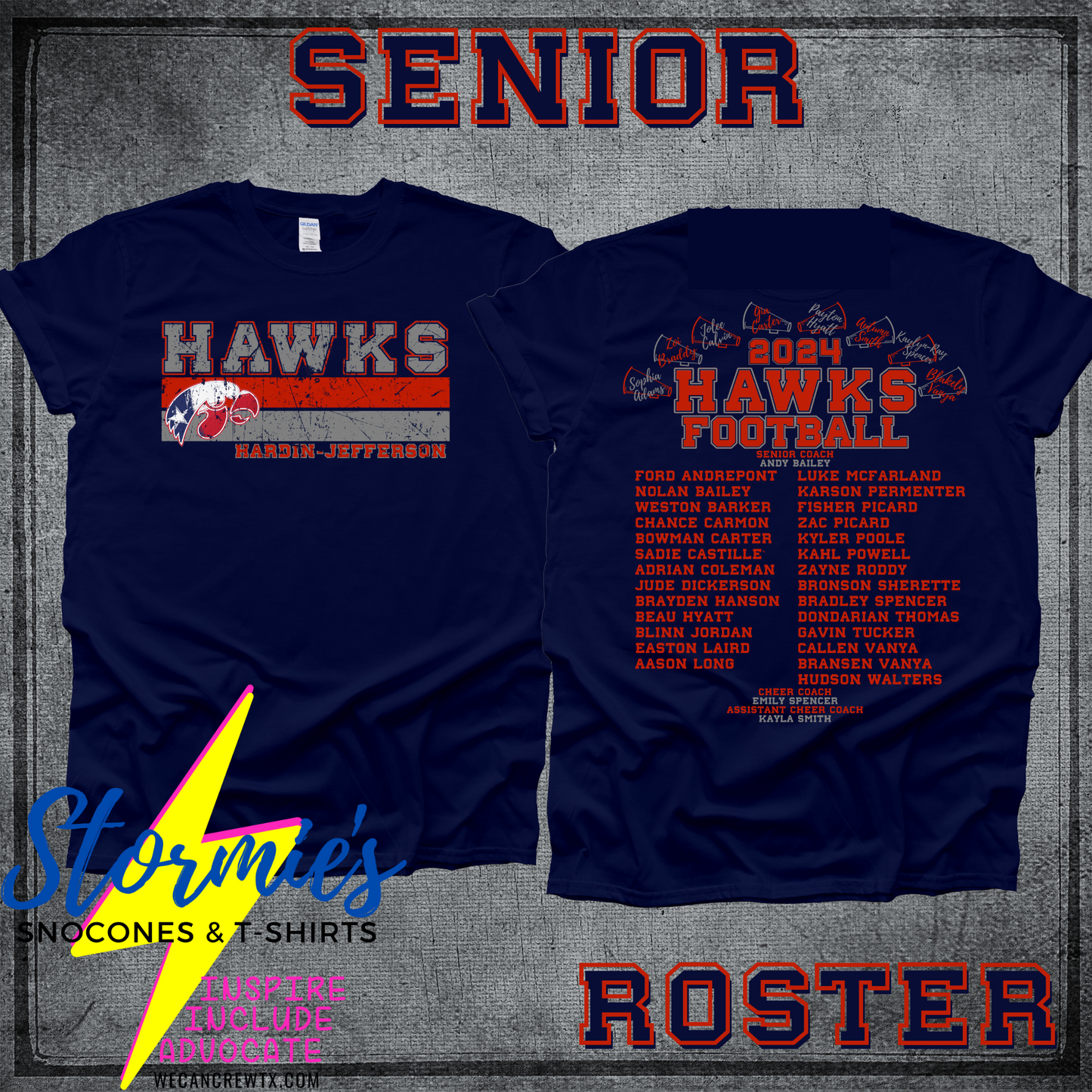 Hawks Senior Football-Cheer 2024 Fundraiser ROSTER Shirt