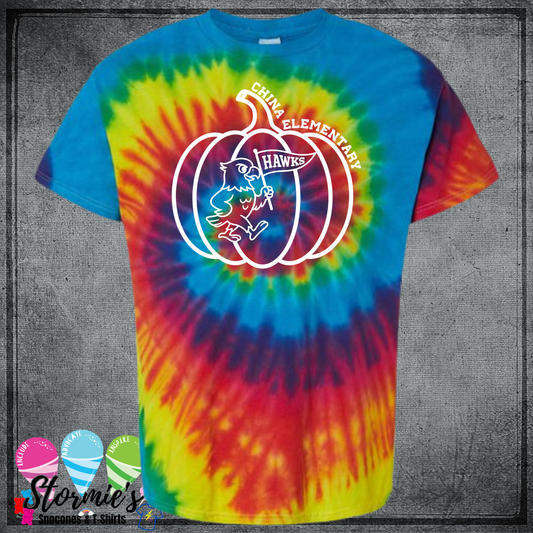 Hawk Pumpkin - Fall China Elementary Field Day Tie Dye Reactive Rainbow All School Support Shirt