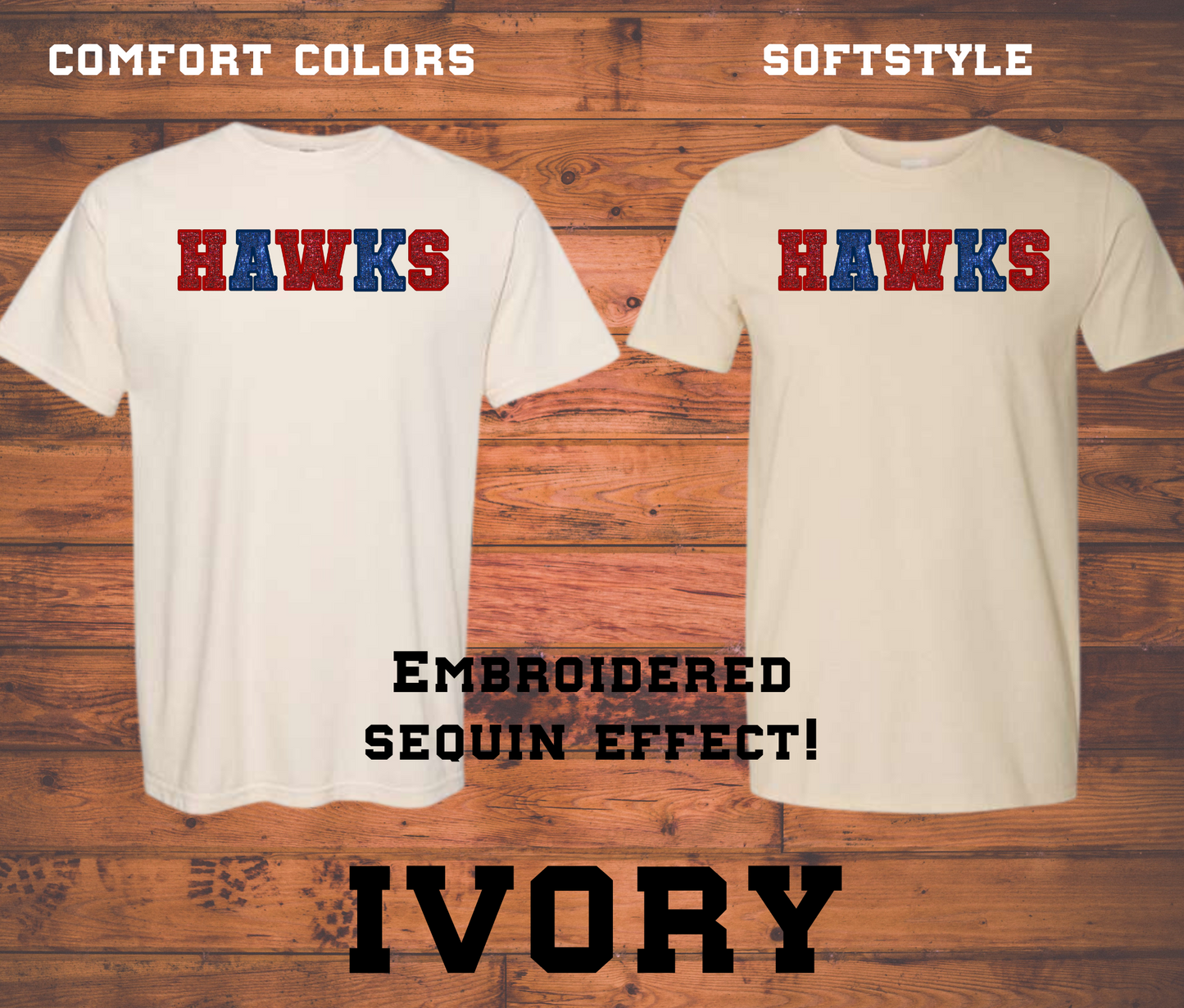 Hawks Sequin Effect Gildan Softstyle or Comfort Colors Shirt