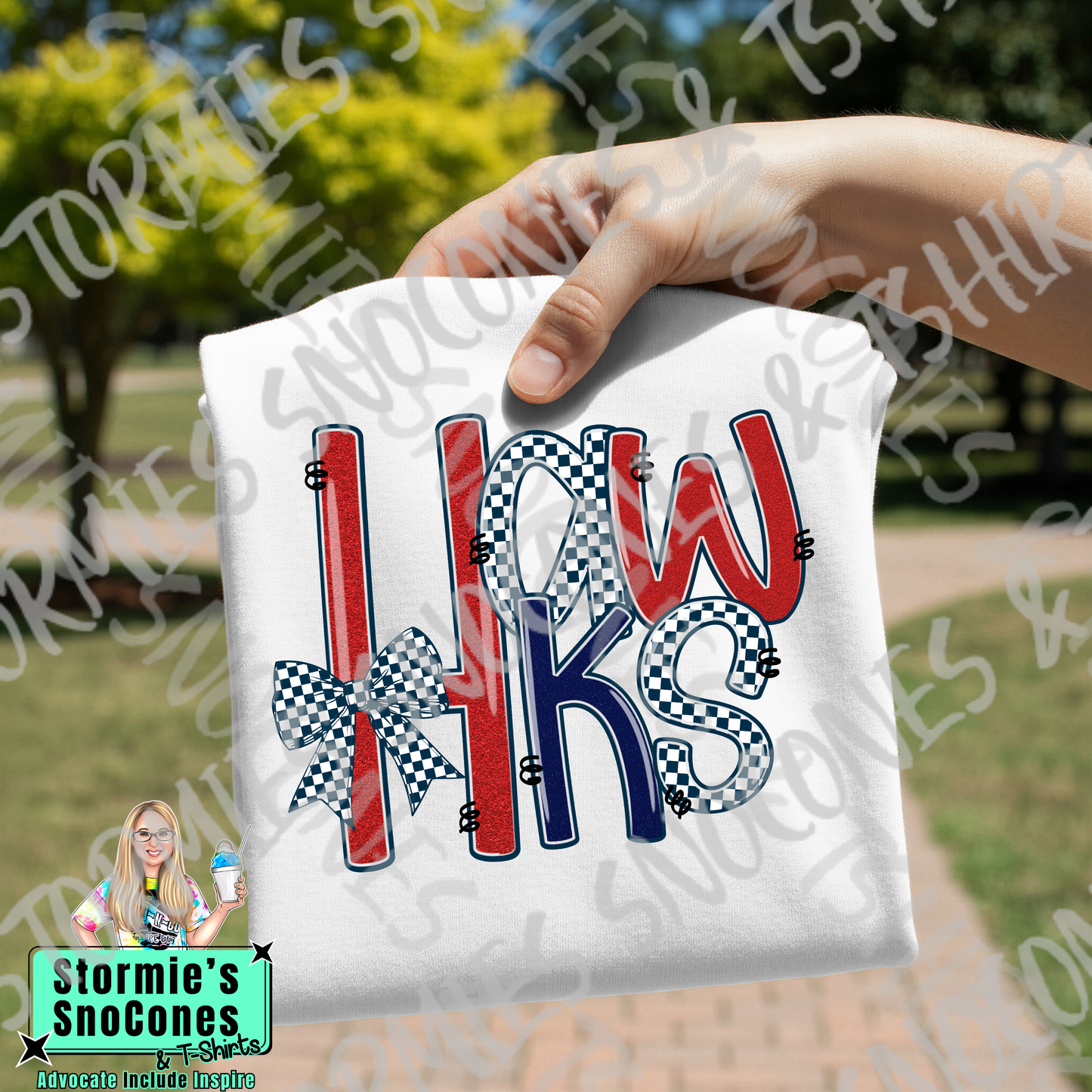 Hardin Jefferson Hawks Doodle Checkered Bow Faux Glitter White Gildan Comfort Colors Bella Canvas Shirt