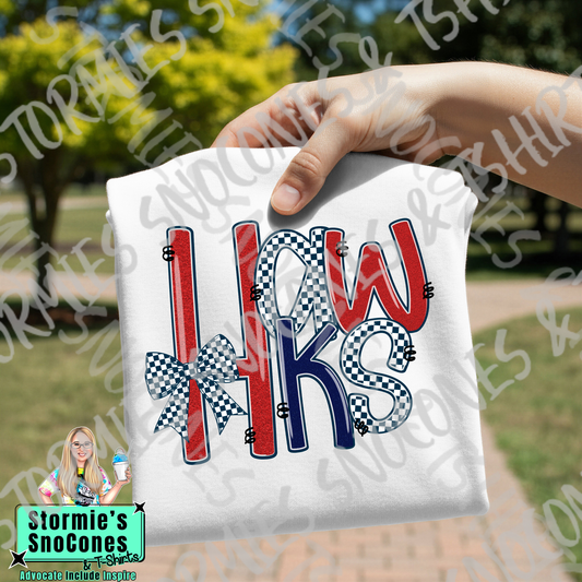 Hardin Jefferson Hawks Doodle Checkered Bow Faux Glitter White Gildan Comfort Colors Bella Canvas Shirt