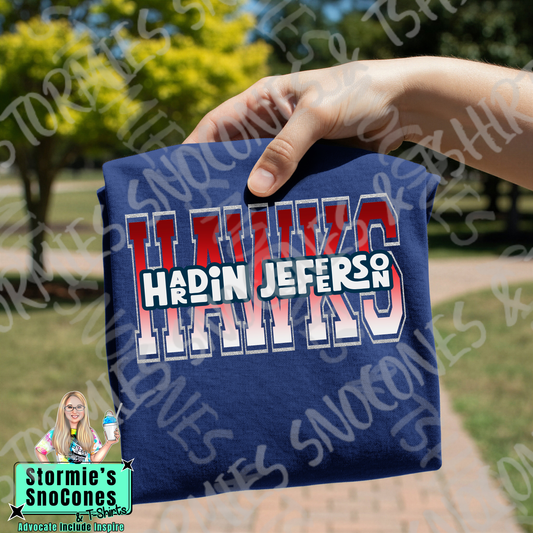 Hardin Jefferson Hawks letter split retro stack Navy Gildan Comfort Colors Bella Canvas Shirt