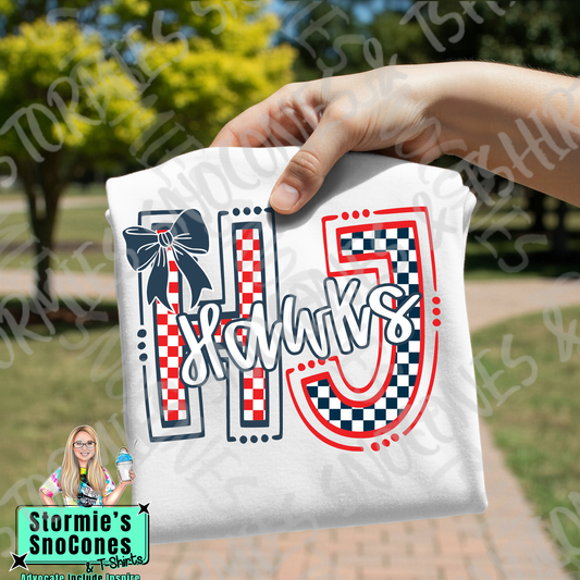 Hardin Jefferson Hawks Checkered Doodle Initials White Gildan Comfort Colors Bella Canvas Shirt