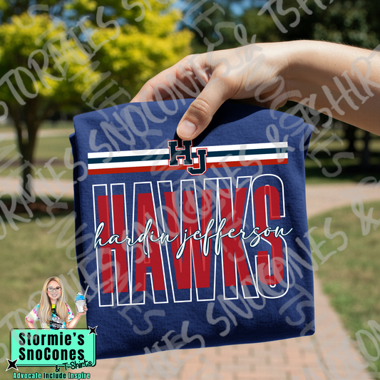 Hardin Jefferson Hawks Layered Outline Cursive Navy Gildan Comfort Colors Bella Canvas Shirt