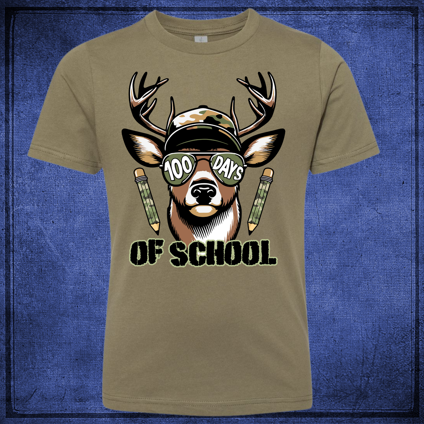 Deer -100 Days of School - Military Green Shirt