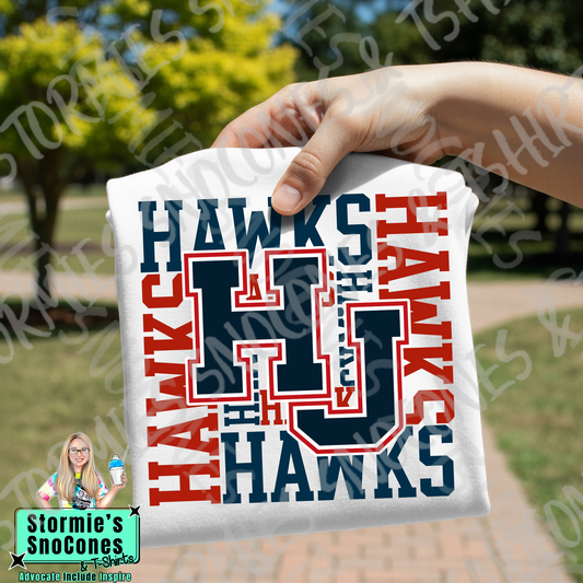Hardin Jefferson Hawks Logo Repeat White Gildan Comfort Colors Bella Canvas Shirt