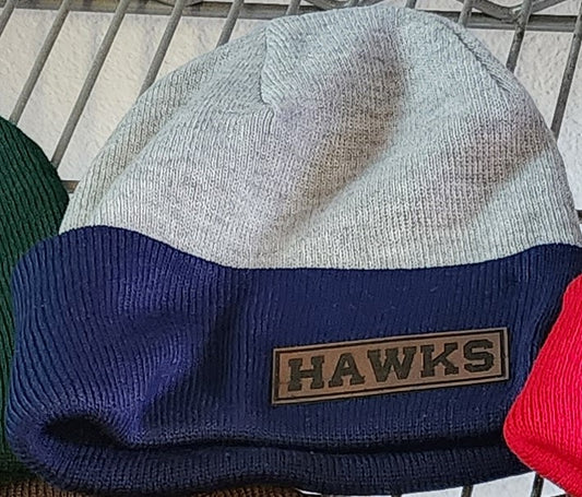 Hawks Faux Leather Patch Gray & Navy Beanie