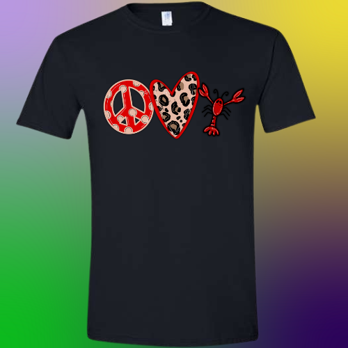 Mardi Gras Peace Love Crawdaddy Black Shirt