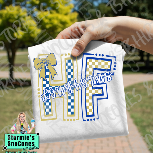 Hampshire Fannett Longhorns Checkered Doodle Initials White Gildan Comfort Colors Bella Canvas Shirt