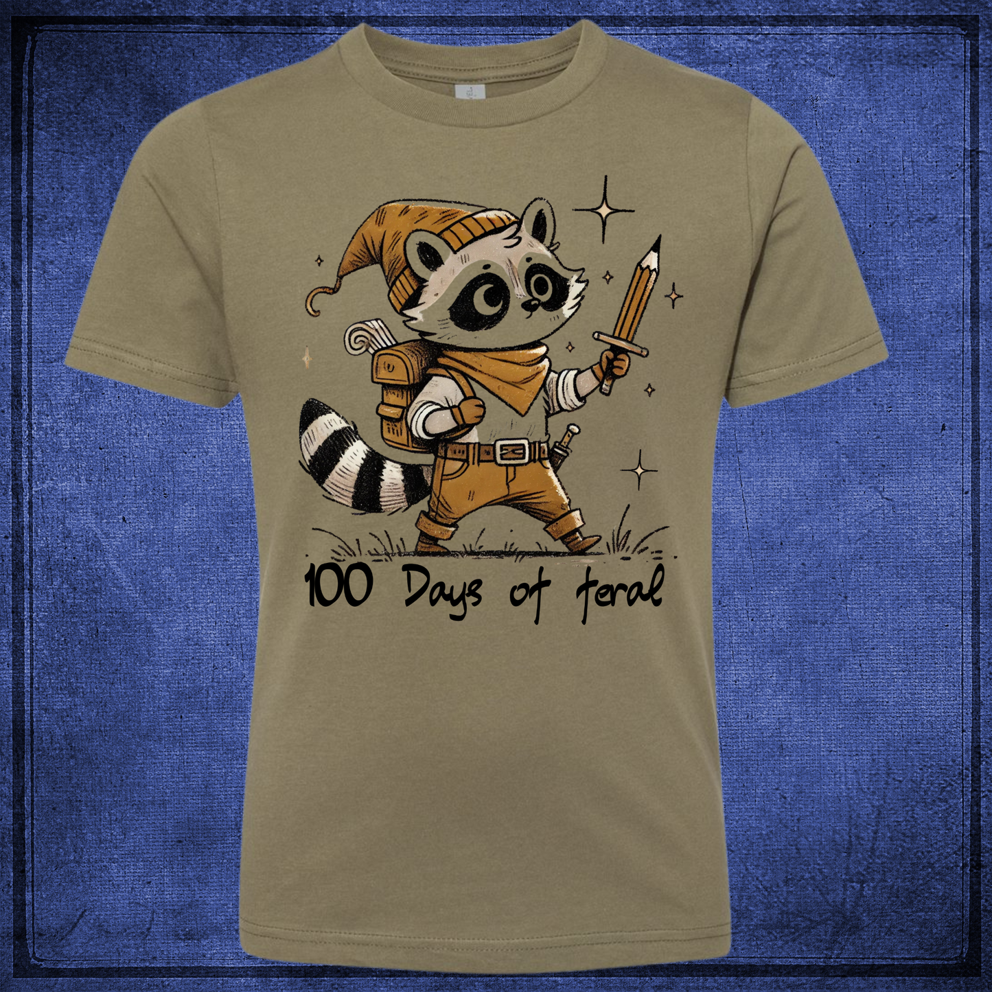 Racoon -100 Days of School - Military Green Shirt