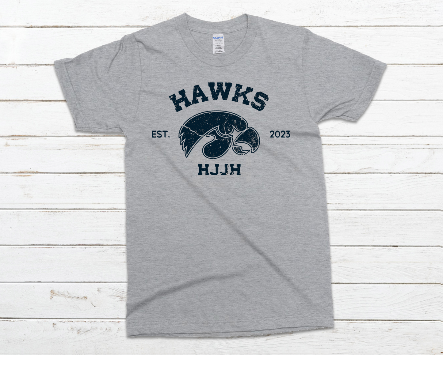 Hawks EST. 2023 HJJH Hardin Jefferson JUNIOR HIGH Distressed Gray Shirt & Sweatshirt & Hoodie & Long Sleeve Shirt