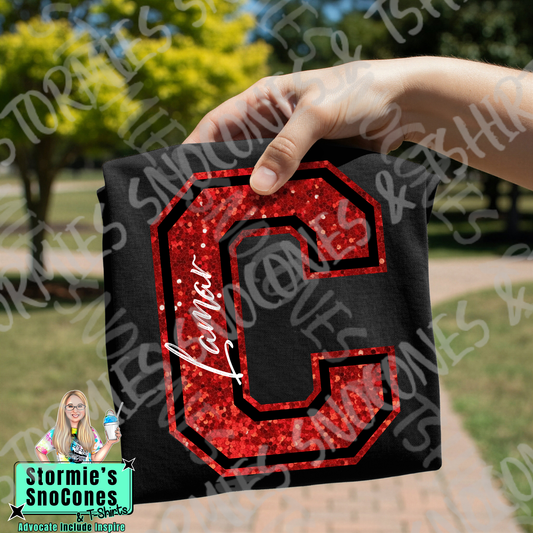 Lamar Cardinals Big Initial Faux Glitter Black Gildan Comfort Colors Bella Canvas Shirt