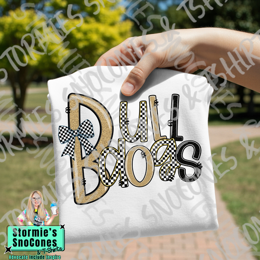 Nederland Bulldogs Doodle Checkered Bow Faux Glitter White Gildan Comfort Colors Bella Canvas Shirt