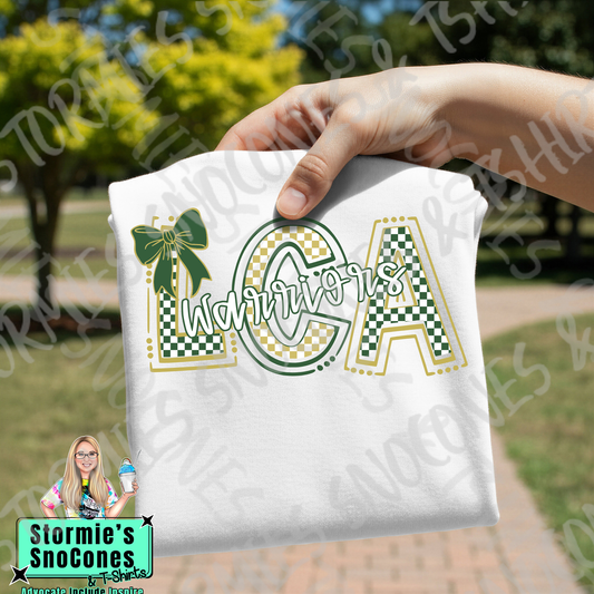 Legacy Christian Academy Warriors Checkered Doodle Initials White Gildan Comfort Colors Bella Canvas Shirt