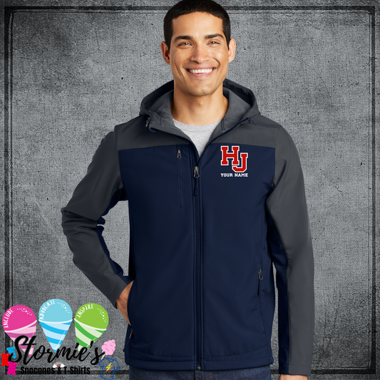 HJ Hawks Custom Name Hooded Soft Shell Unisex Jacket - Dress Blue Navy/ Battleship Grey