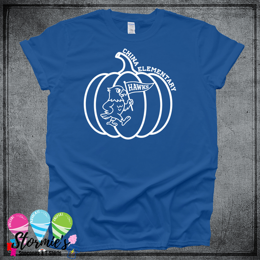 Hawk Pumpkin - Fall China Elementary Field Day 2025 Shirt Blue