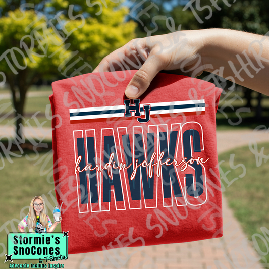 Hardin Jefferson Hawks Layered Outline Cursive Red Gildan Comfort Colors Bella Canvas Shirt