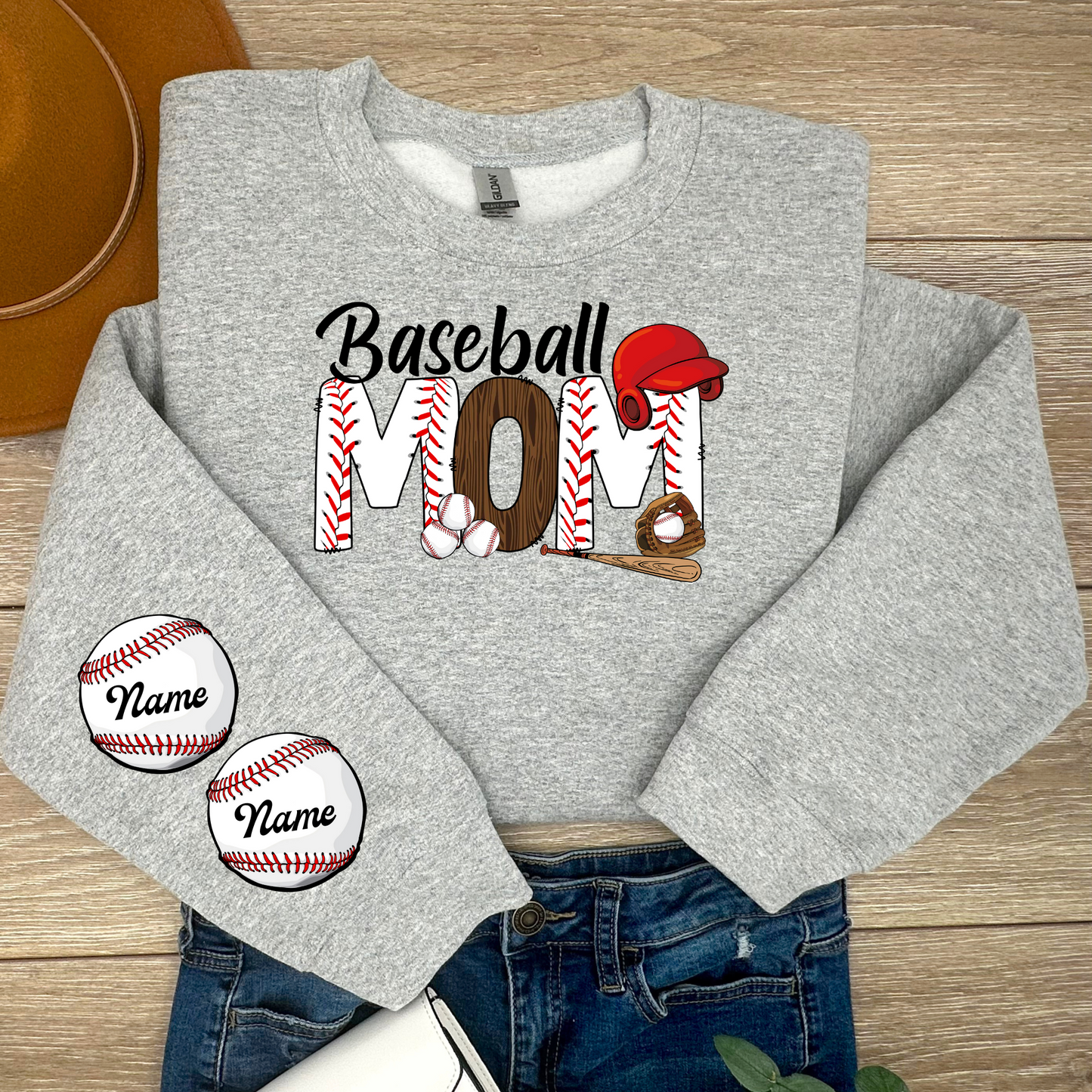 Baseball Mama YOUR CHILD'S NAME ON SLEEVE Sweatshirt