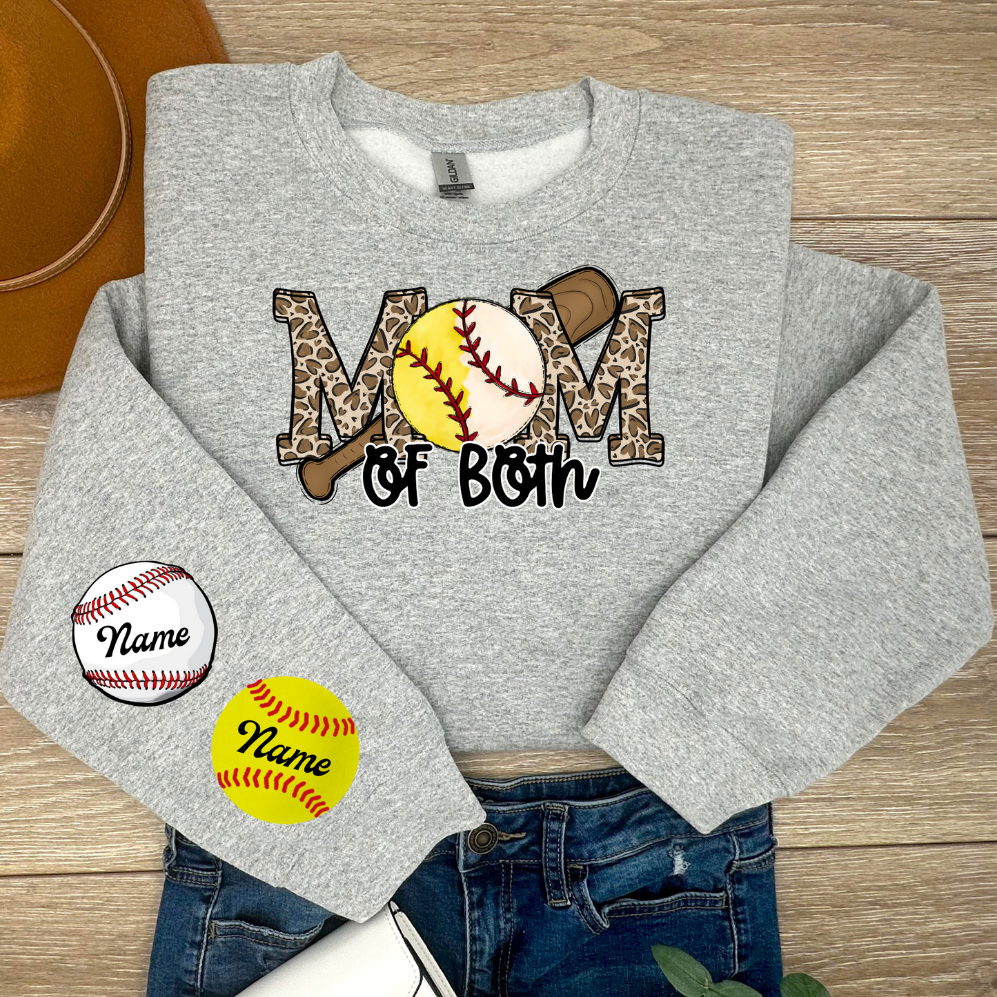 Mom Of Both Softball Baseball YOUR CHILD'S NAME ON SLEEVE Sweatshirt