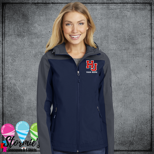 HJ Hawks Custom Name Hooded Soft Shell Women's Jacket - Dress Blue Navy/ Battleship Grey