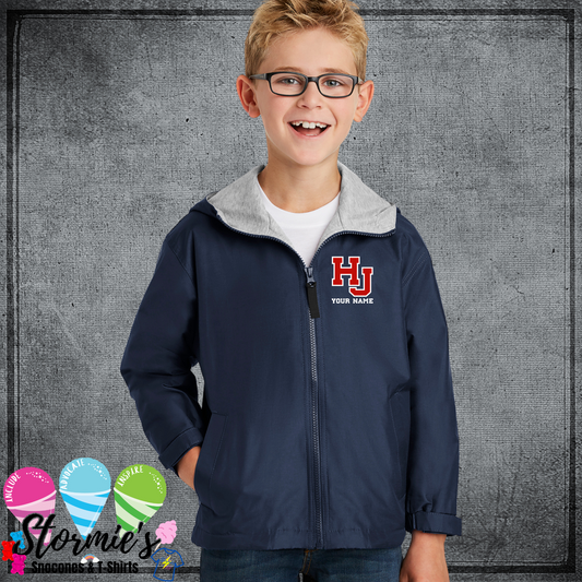 HJ Hawks Custom Name Hooded YOUTH Unisex Team Jacket - Bright Navy/Light Oxford