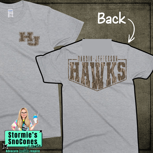 Hardin Jefferson Hawks Bottomland Camo Frame - Dryblend or Dryfit - Sport Gray Short Sleeve Shirt