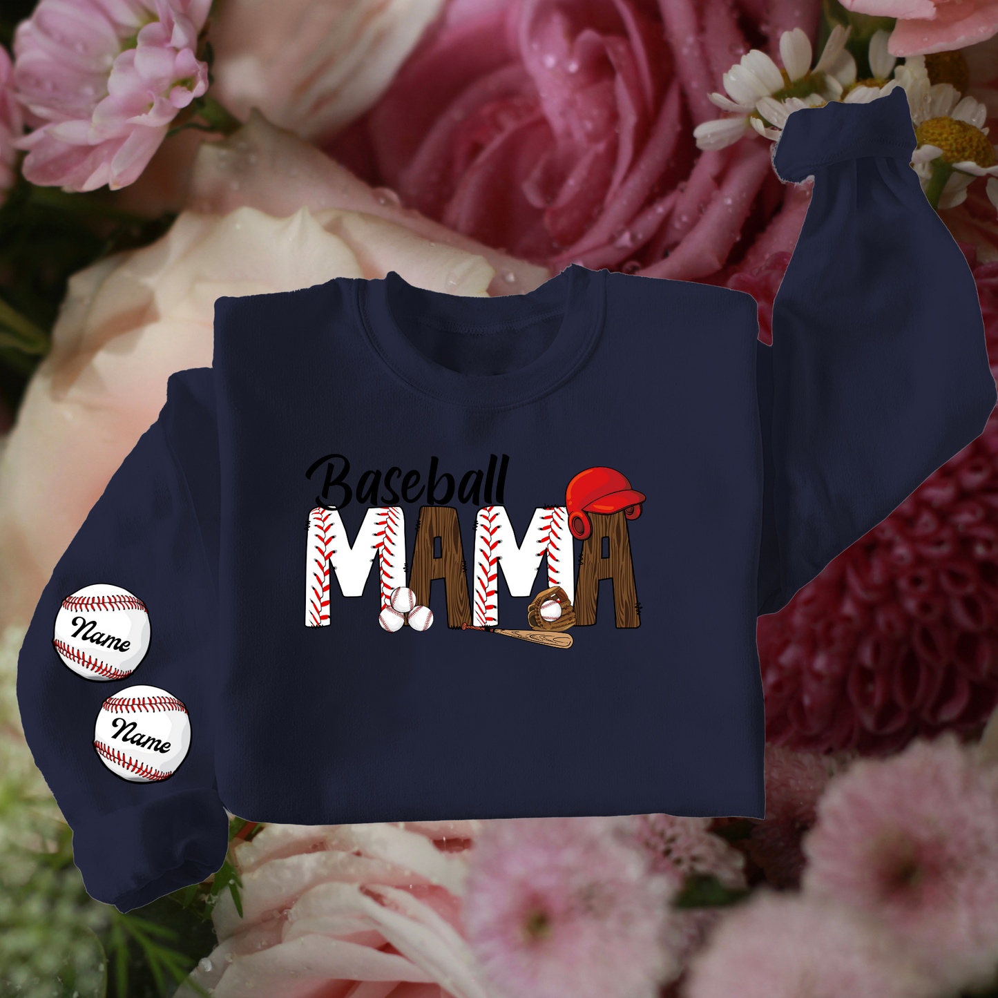 Baseball Mama YOUR CHILD'S NAME ON SLEEVE Sweatshirt