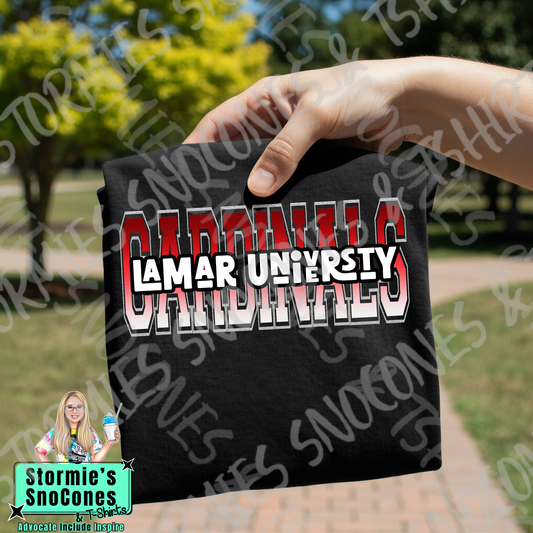 Lamar University Cardinals letter split retro stack Black Gildan Comfort Colors Bella Canvas Shirt