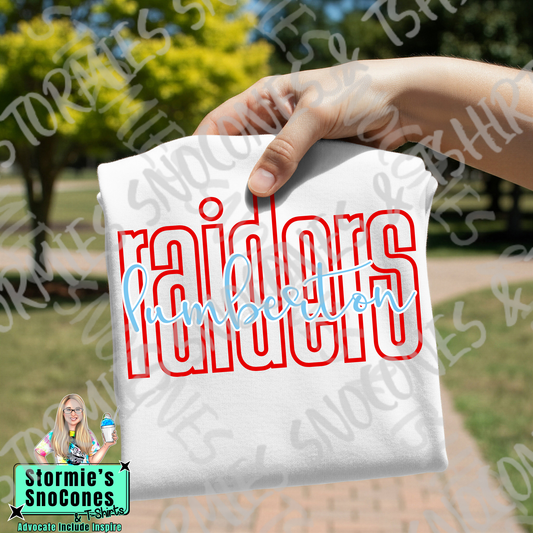 Lumberton Raiders Lowercase Block and Cursive White Gildan Comfort Colors Bella Canvas Shirt
