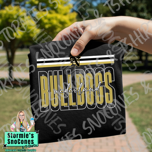 Nederland Bulldogs Layered Outline Cursive Black Gildan Comfort Colors Bella Canvas Shirt