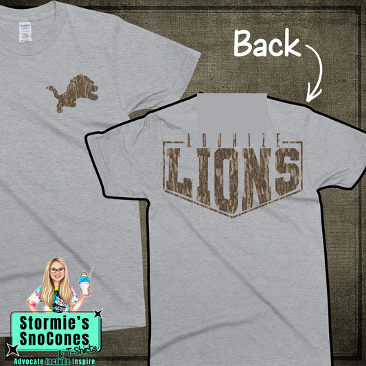 Kountze Lions Bottomland Camo Frame - Dryblend or Dryfit - Sport Gray Short Sleeve Shirt