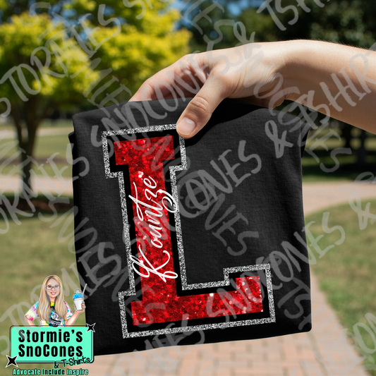 Kountze Lions Big Initial Faux Glitter Black Gildan Comfort Colors Bella Canvas Shirt