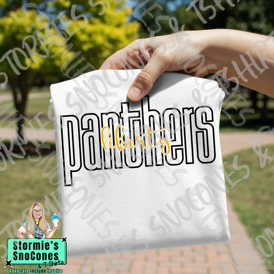 Liberty Panthers Lowercase Block and Cursive White Gildan Comfort Colors Bella Canvas Shirt
