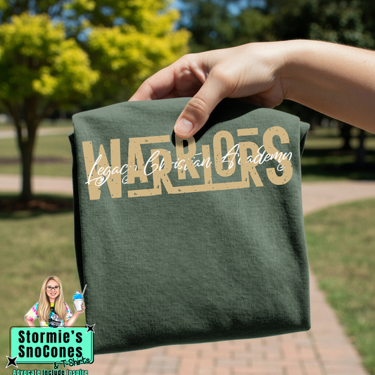 Legacy Christian Academy Warriors Lines Cursive Weave Forest Green Gildan Comfort Colors Bella Canvas Shirt