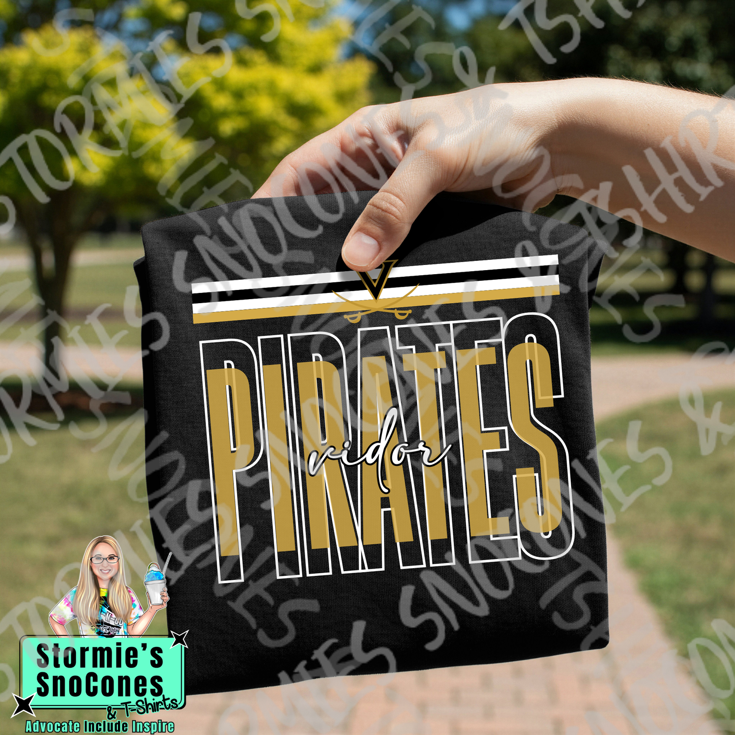 Vidor Pirates Layered Outline Cursive Black Gildan Comfort Colors Bella Canvas Shirt