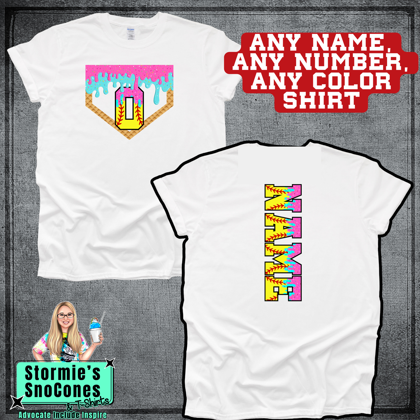 Softball Drip Ice Cream Custom Name and Number Shirt
