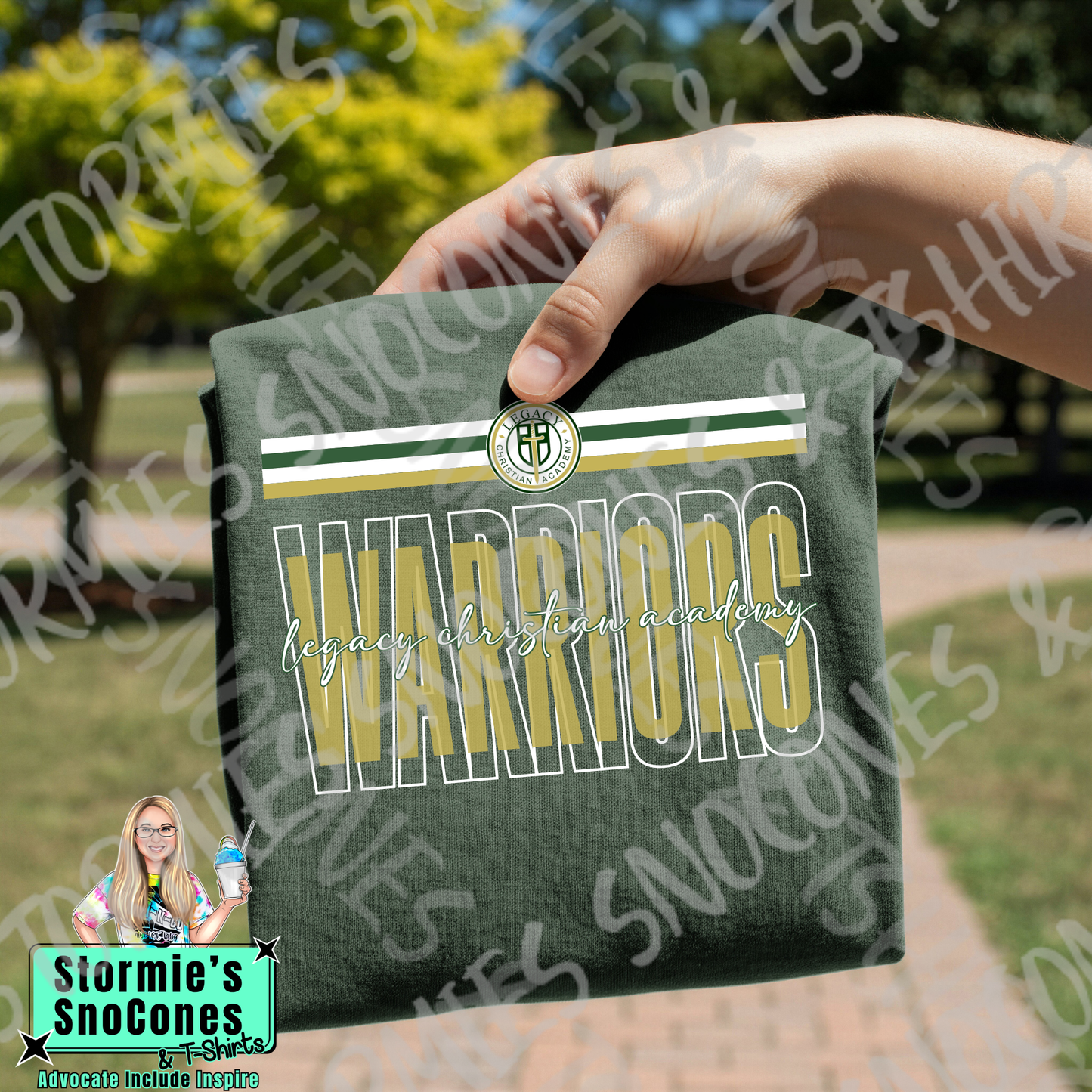 Legacy Christian Academy Warriors Layered Outline Cursive Forest Green Gildan Comfort Colors Bella Canvas Shirt