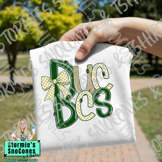 East Chambers Buccaneers Doodle Checkered Bow Faux Glitter White Gildan Comfort Colors Bella Canvas Shirt