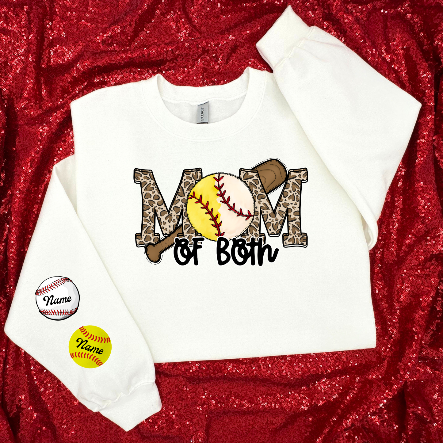 Mom Of Both Softball Baseball YOUR CHILD'S NAME ON SLEEVE Sweatshirt