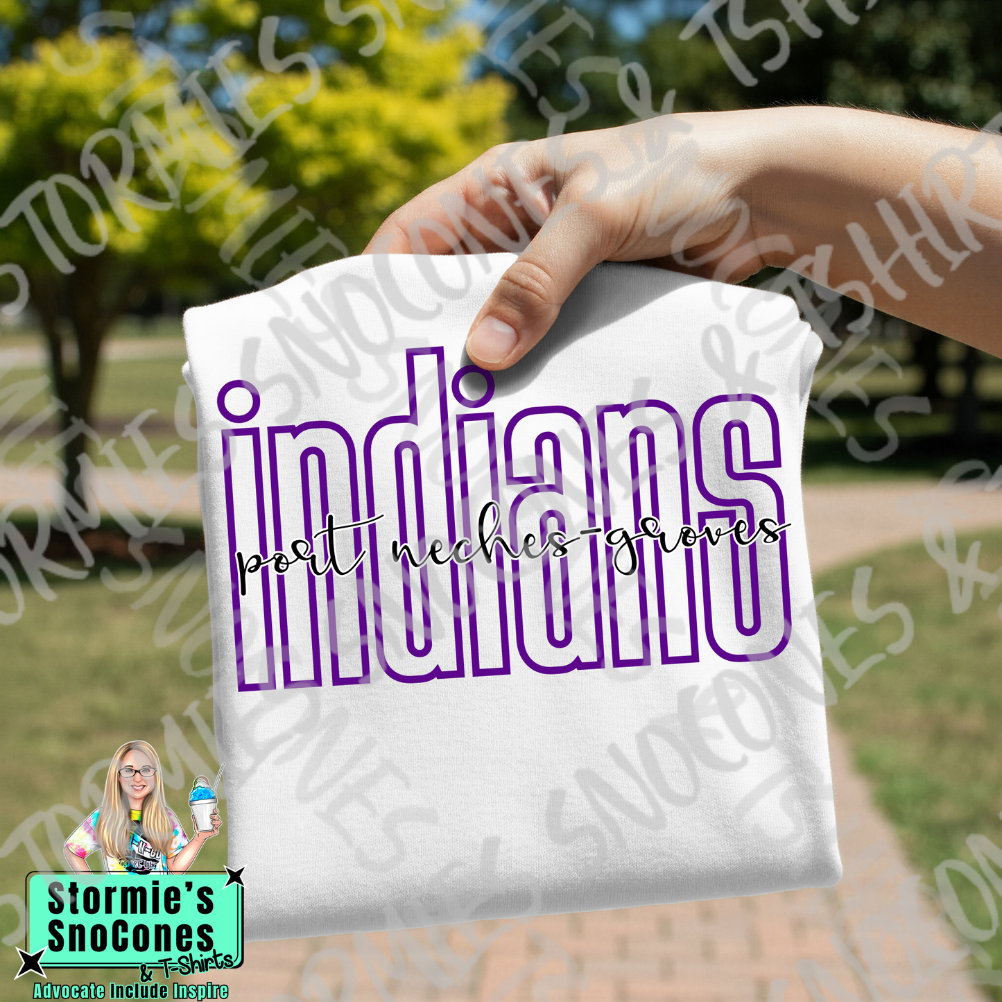 Port Neches-Groves Indians Lowercase Block and Cursive White Gildan Comfort Colors Bella Canvas Shirt