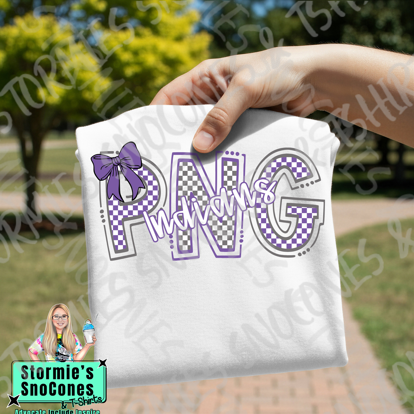 Port Neches-Groves Indians Checkered Doodle Initials White Gildan Comfort Colors Bella Canvas Shirt
