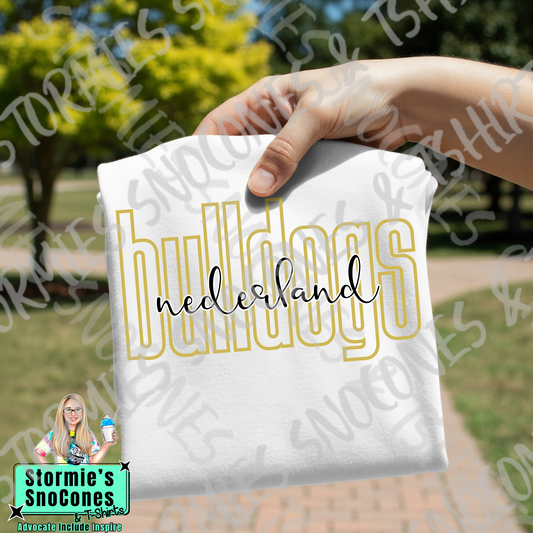 Nederland Bulldogs Lowercase Block and Cursive White Gildan Comfort Colors Bella Canvas Shirt