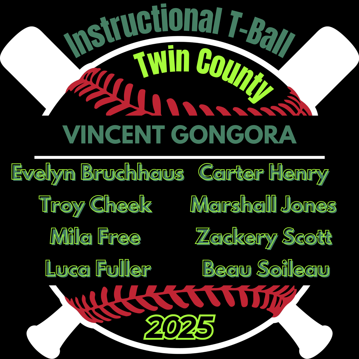 Emeralds Instructional T-Ball Twin County 2025 Black Shirt