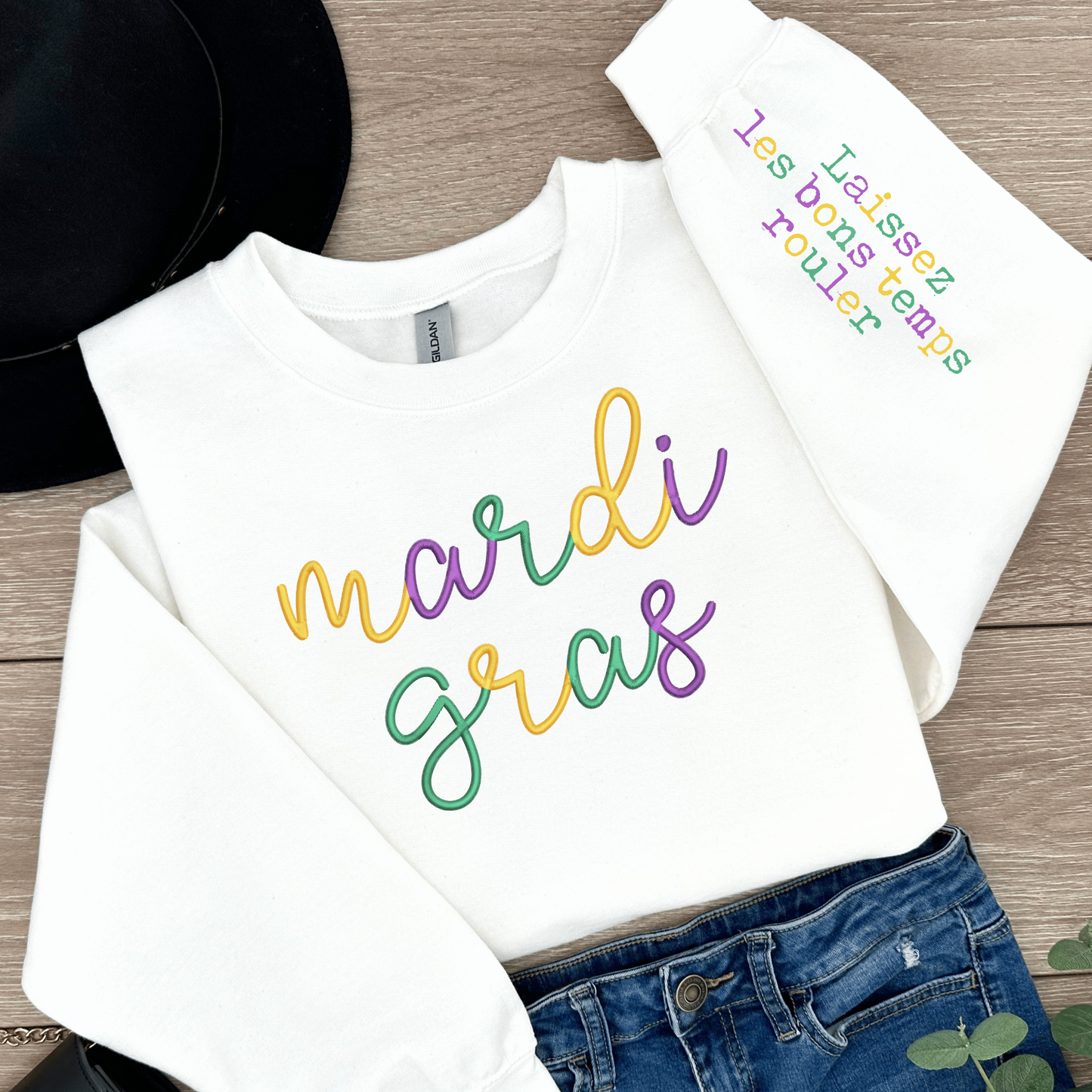 Mardi Gras White Sweatshirt With Arm Design