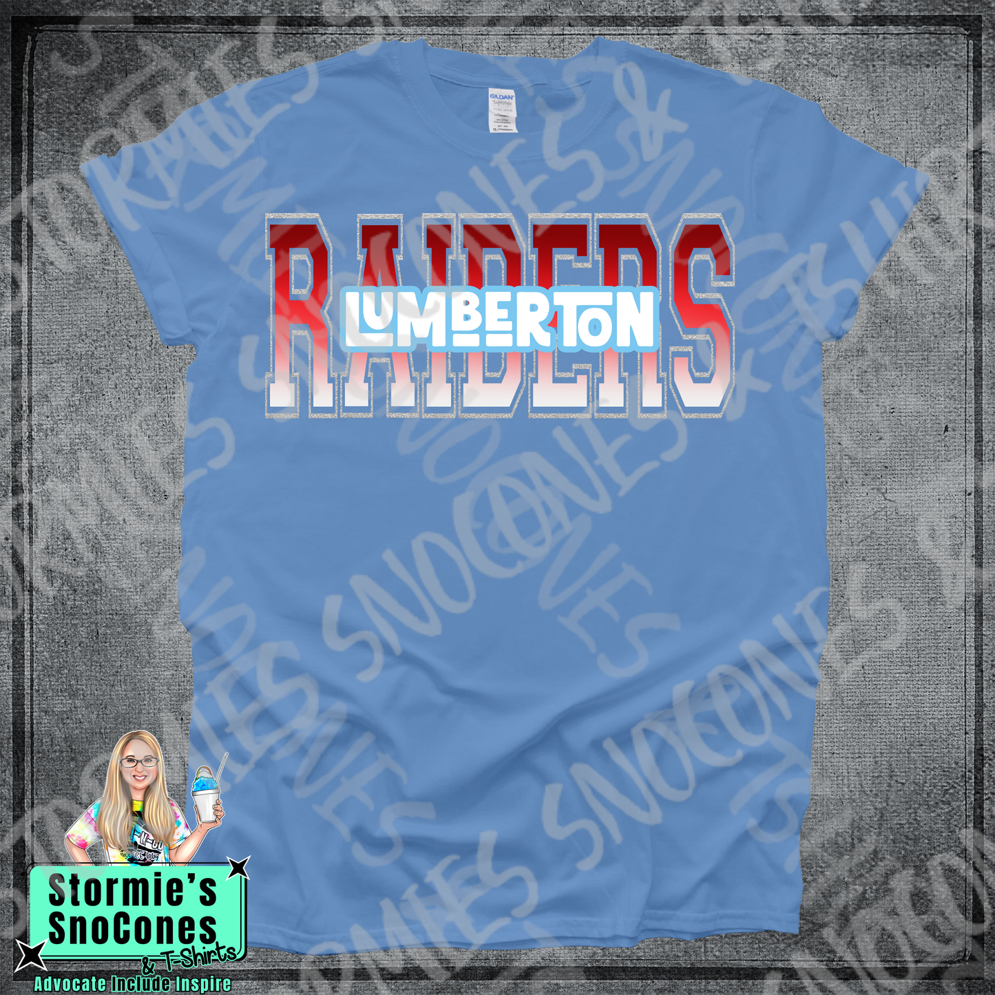 Lumberton Raiders Letter split retro stack Columbia Blue Gildan Bella Canvas Shirt