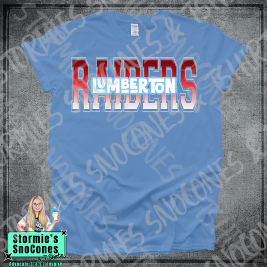 Lumberton Raiders Letter split retro stack Columbia Blue Gildan Bella Canvas Shirt