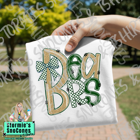 Little Cypress-Mauriceville Bears Doodle Checkered Bow Faux Glitter White Gildan Comfort Colors Bella Canvas Shirt