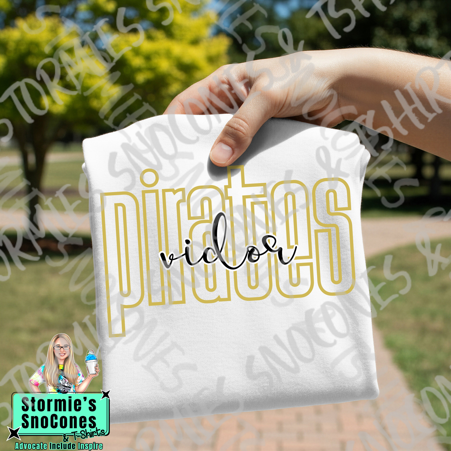 Vidor Pirates Lowercase Block and Cursive White Gildan Comfort Colors Bella Canvas Shirt